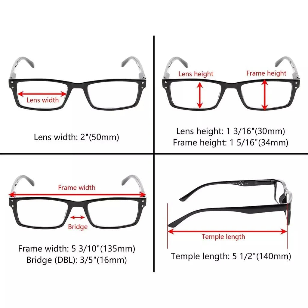 5 Pack Retro Style Reading Glasses Rectangle Readers R057