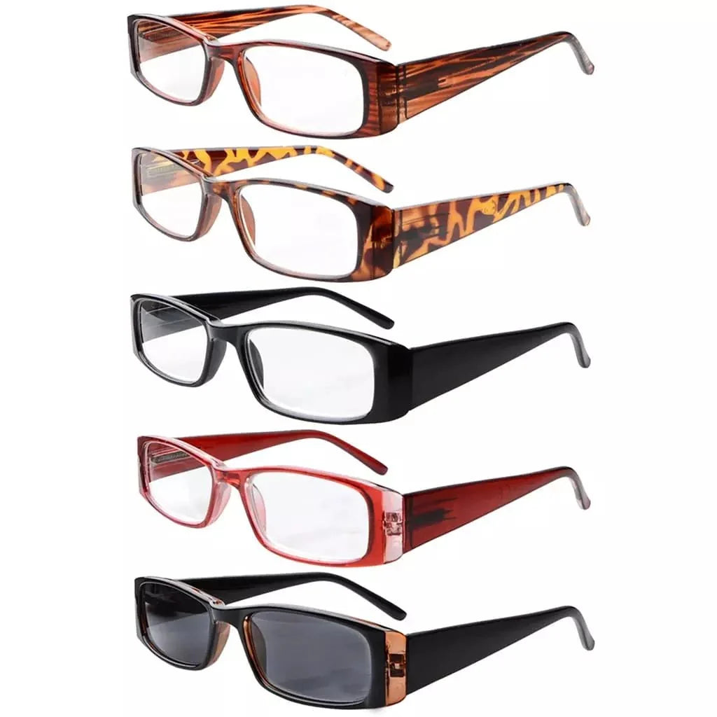 5 Pack Stylish Rectangular Reading Glasses Sunshine Readers R006