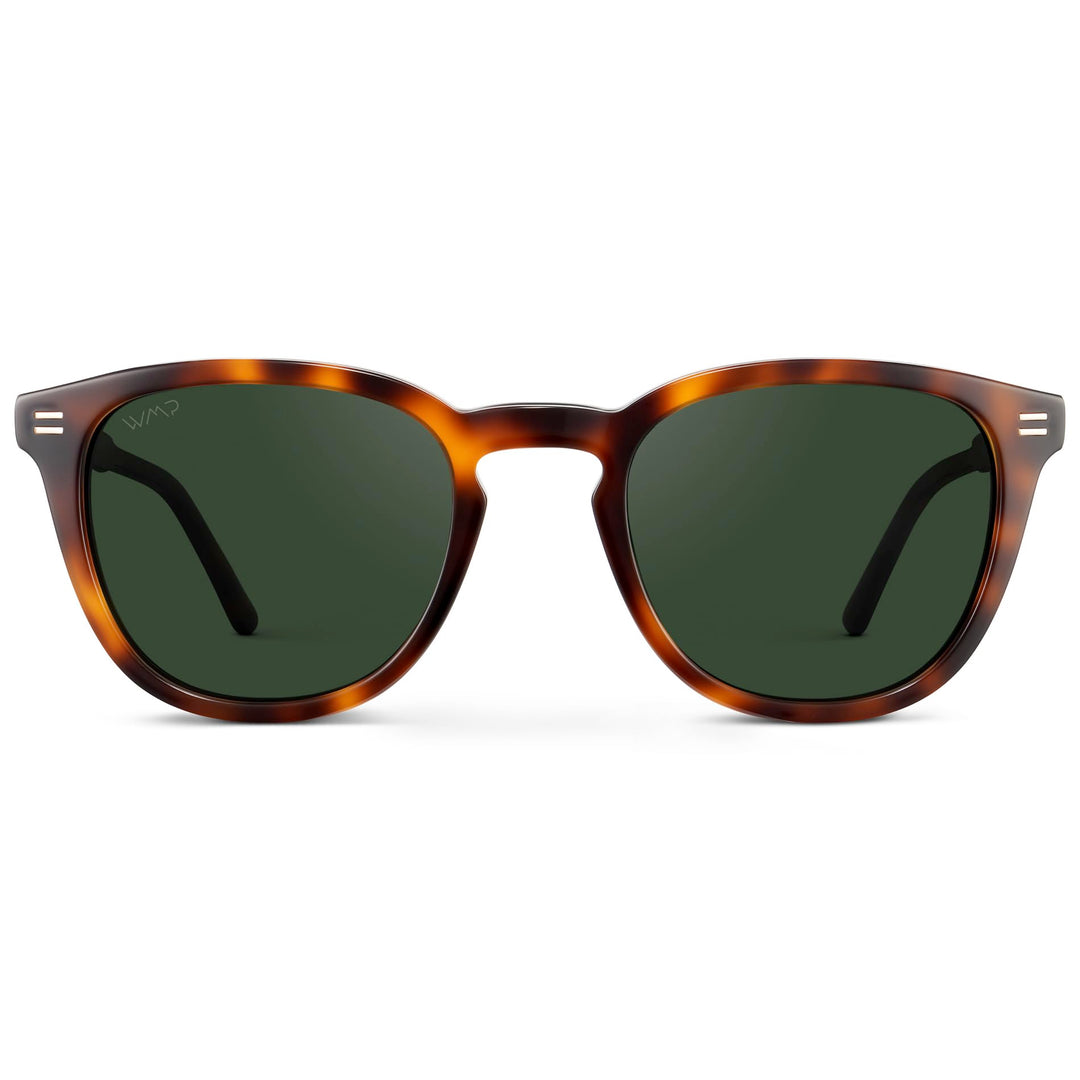 WearMe Pro WMP Eyewear - Men's Classic Round Polarized Sunglasses, Premium Slim Acetate Frame with Dashed Rivet Details (Havana Tortoise/Smoke Green Lens)