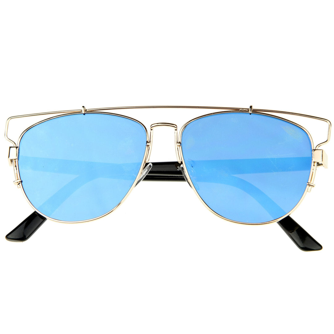 Modern Metal Crossbar Mirrored Lens Flat Front Sunglasses A145