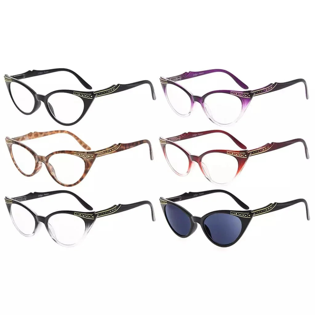 6 Pack Cat-eye Reading Glasses Include Sunshine Readers R914