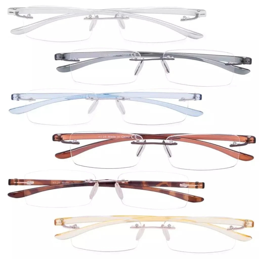 6 Pack Small Rectangle Reading Glasses Rimless Readers R14001