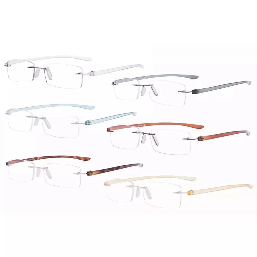 6 Pack Small Rectangle Reading Glasses Rimless Readers R14001