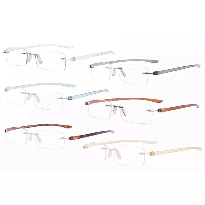 6 Pack Small Rectangle Reading Glasses Rimless Readers R14001