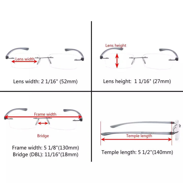 6 Pack Small Rectangle Reading Glasses Rimless Readers R14001