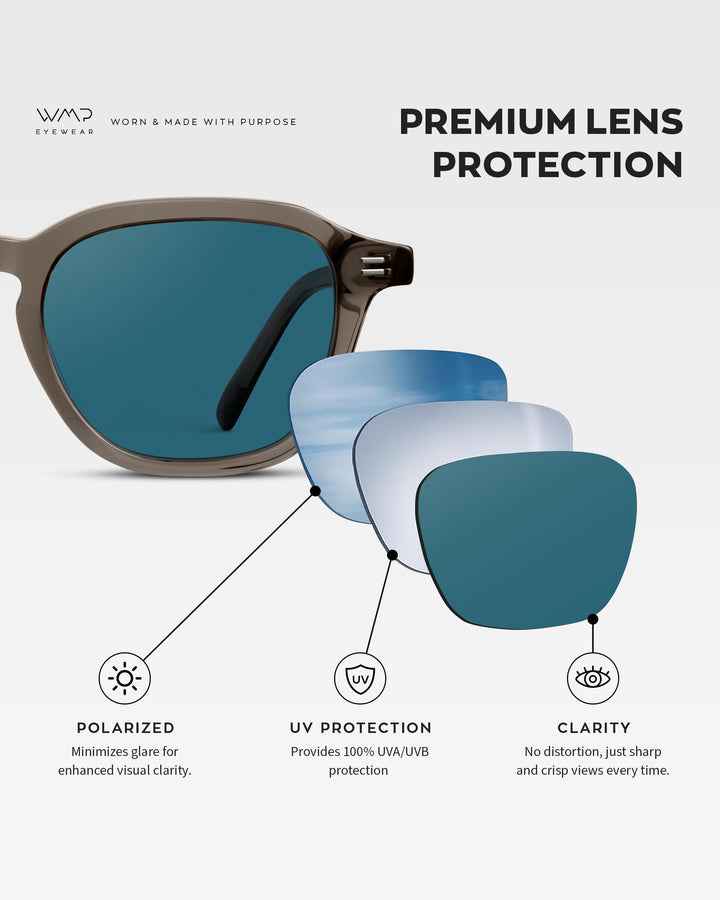 WearMe Pro WMP Eyewear - Men's Polarized Retro Sunglasses - Classic Geometric Square Style, Acetate Frame, Keyhole Bridge (Crystal Gunmetal/Laguna Blue Lens)