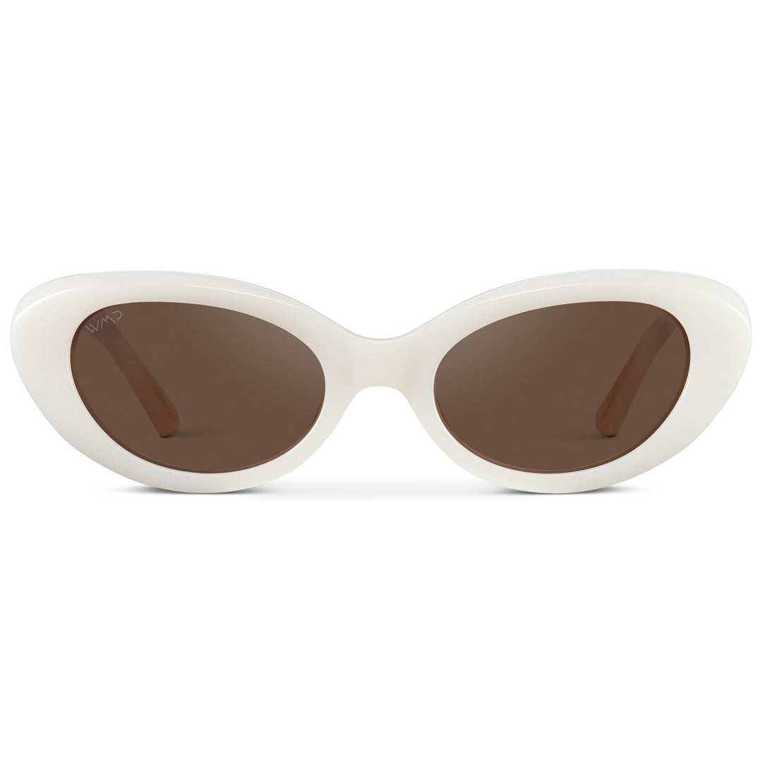 WearMe Pro WMP Eyewear - Women's Polarized Cat-Eye Sunglasses, Oval Lenses, Thick Rounded Frame, 5-Barrel Hinges, Hand-Polished Design (Pearl White/Brown Lens)