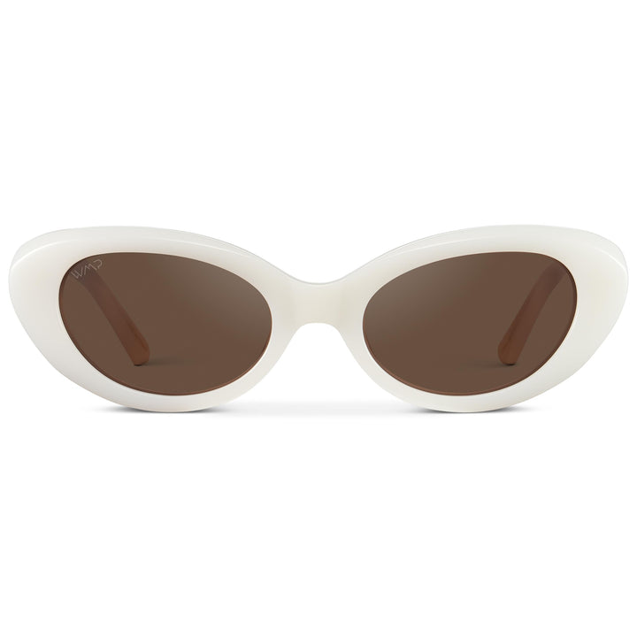 WearMe Pro WMP Eyewear - Women's Polarized Cat-Eye Sunglasses, Oval Lenses, Thick Rounded Frame, 5-Barrel Hinges, Hand-Polished Design (Pearl White/Brown Lens)