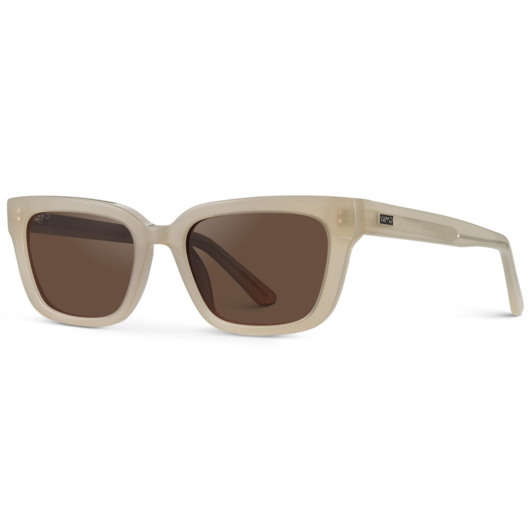WMP Eyewear - Women's Polarized Rectangular Sunglasses, Narrow Acetate Frame, Durable 5-Barrel Hinges, Hand-Polished Finish (Pearl Beige/Brown Lens)