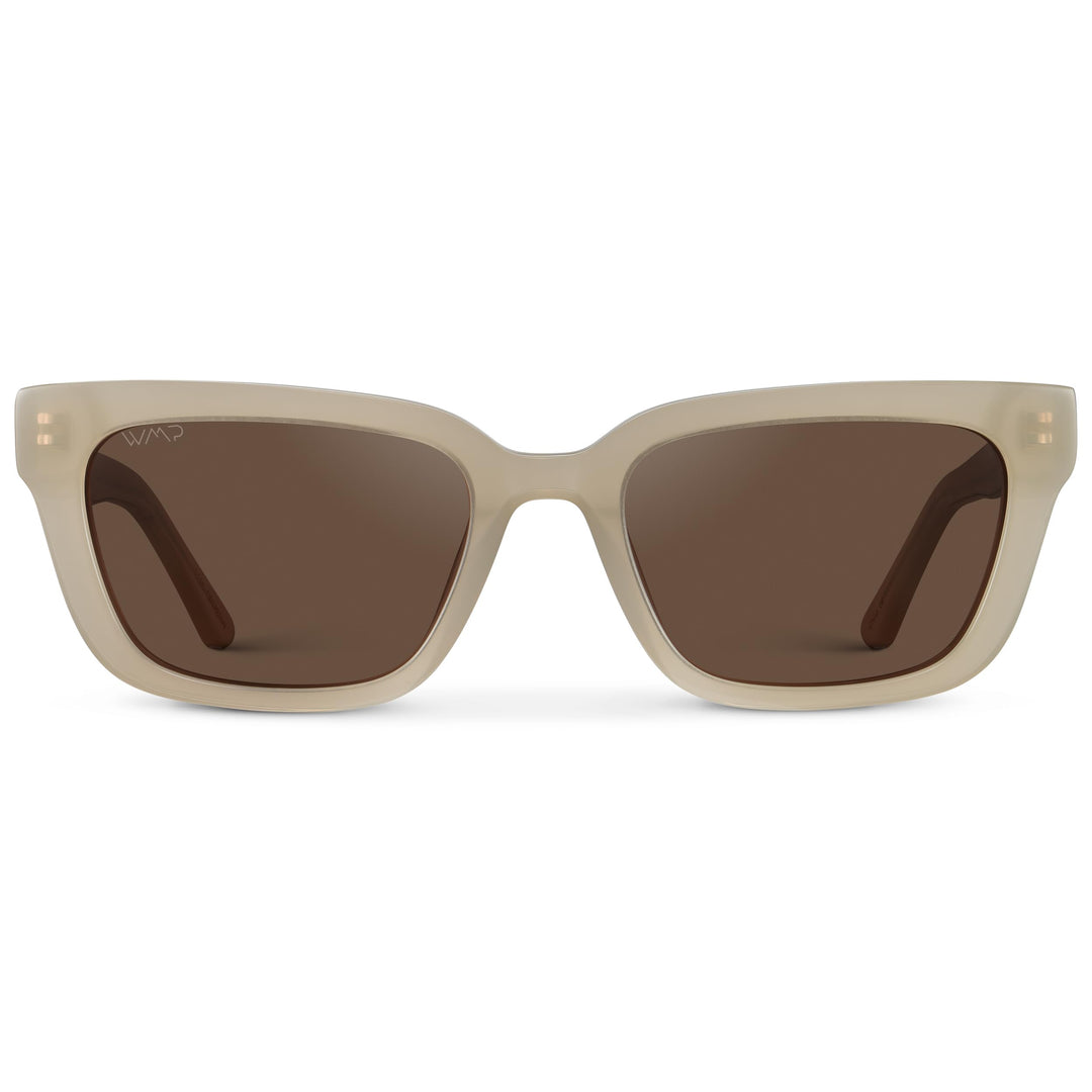 WMP Eyewear - Women's Polarized Rectangular Sunglasses, Narrow Acetate Frame, Durable 5-Barrel Hinges, Hand-Polished Finish (Pearl Beige/Brown Lens)