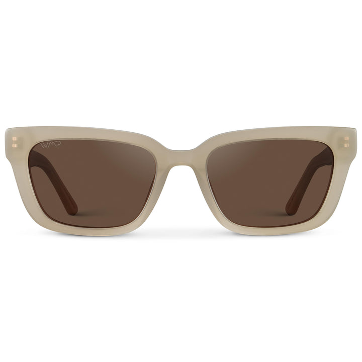 WMP Eyewear - Women's Polarized Rectangular Sunglasses, Narrow Acetate Frame, Durable 5-Barrel Hinges, Hand-Polished Finish (Pearl Beige/Brown Lens)
