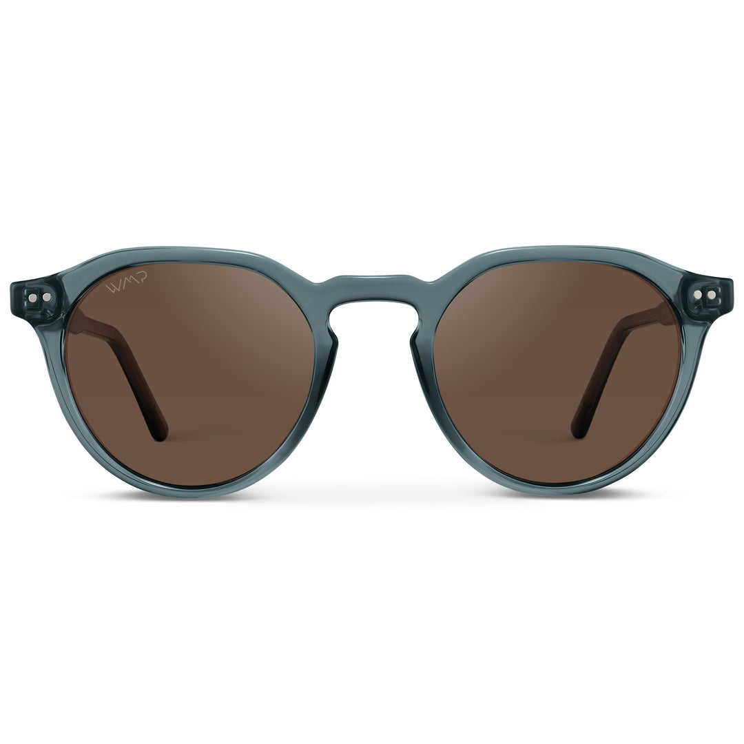 WearMe Pro WMP Eyewear - Men's Modern Geometric P-3 Round Retro Polarized Sunglasses, Lightweight Acetate Frame, Premium UV Protection (Crystal Stone Blue/Brown Lens)