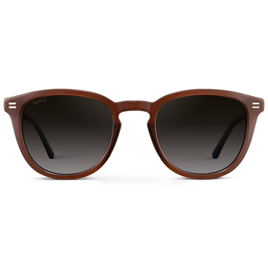 WearMe Pro WMP Eyewear - Men's Classic Round Polarized Sunglasses, Premium Slim Acetate Frame with Dashed Rivet Details (Burnt Cedar Brown/Oak Brown Gradient Lens)