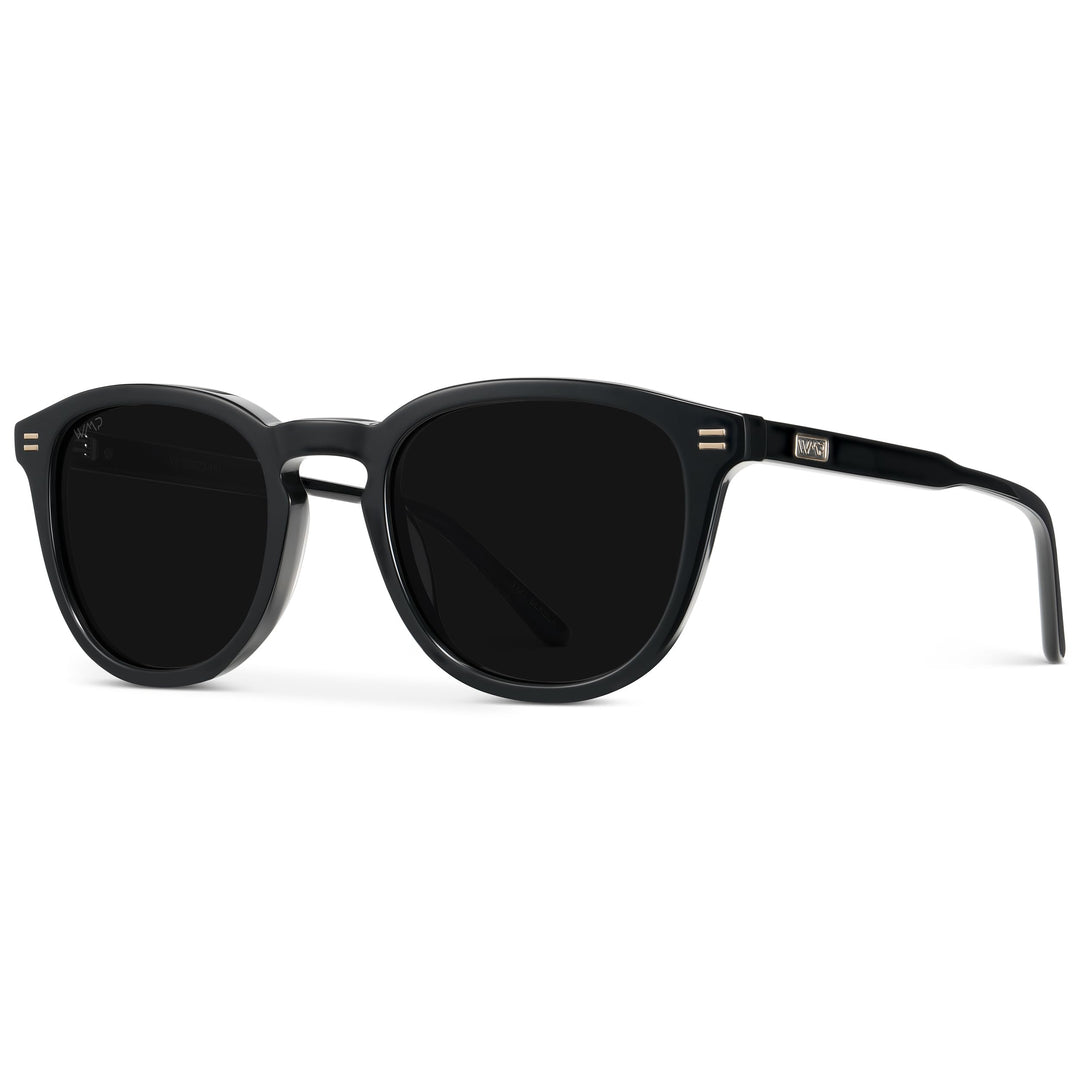 WearMe Pro WMP Eyewear - Men's Classic Round Polarized Sunglasses, Premium Slim Acetate Frame with Dashed Rivet Details (Black/Triple Black Lens)