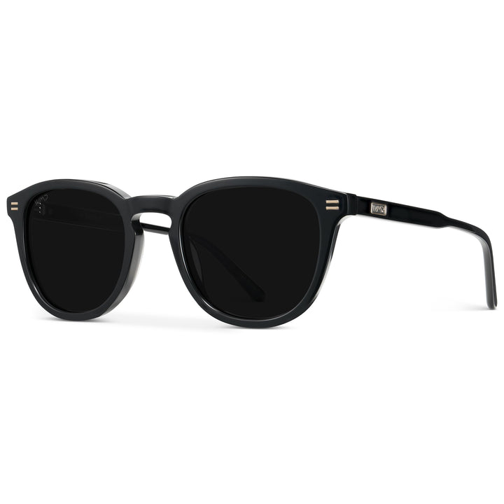 WearMe Pro WMP Eyewear - Men's Classic Round Polarized Sunglasses, Premium Slim Acetate Frame with Dashed Rivet Details (Black/Triple Black Lens)