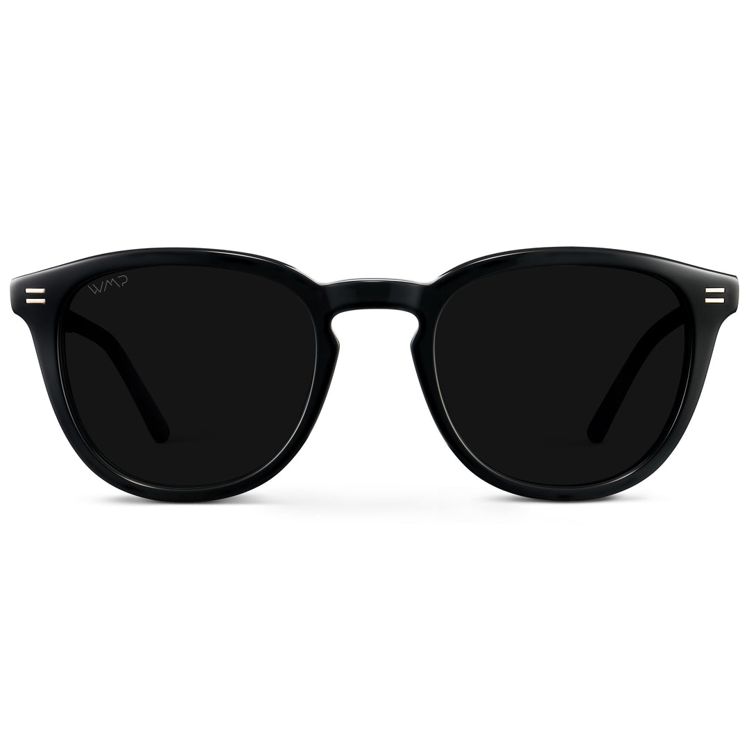 WearMe Pro WMP Eyewear - Men's Classic Round Polarized Sunglasses, Premium Slim Acetate Frame with Dashed Rivet Details (Black/Triple Black Lens)