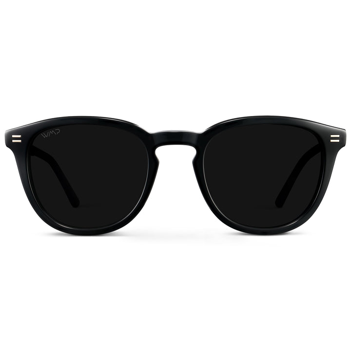WearMe Pro WMP Eyewear - Men's Classic Round Polarized Sunglasses, Premium Slim Acetate Frame with Dashed Rivet Details (Black/Triple Black Lens)