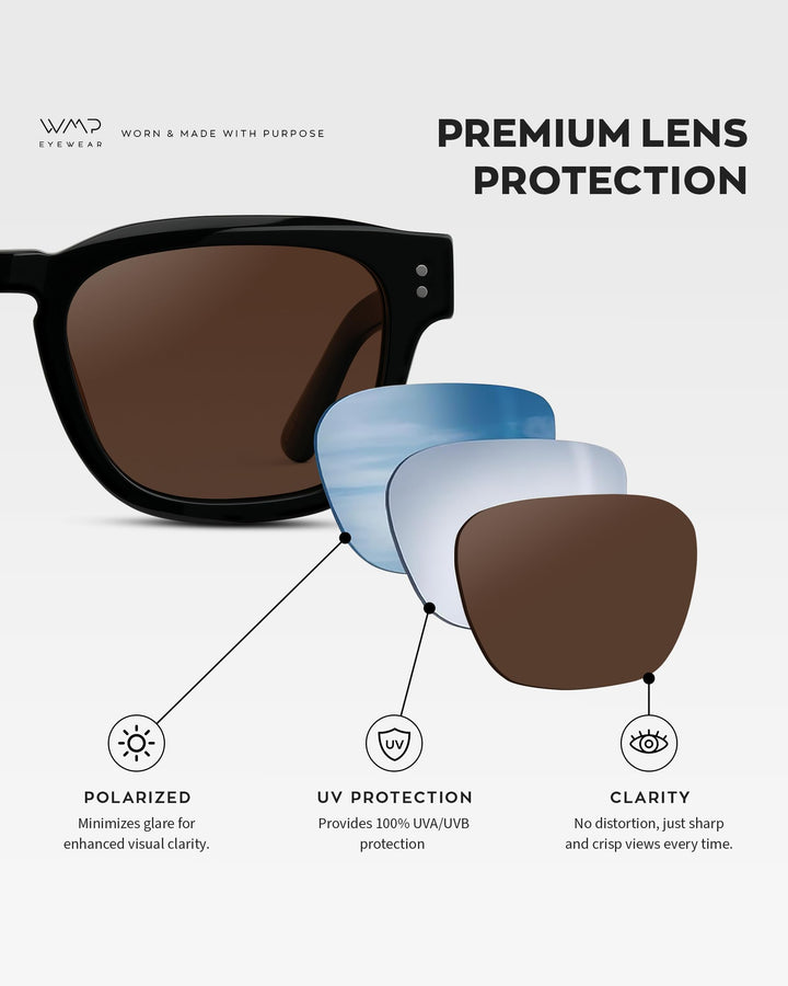WearMe Pro WMP Eyewear – Men’s Polarized Rectangular Sunglasses: Thick Acetate Frame, Modern Style (Black/Dark Brown Lens)