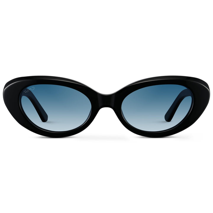 WearMe Pro - Women's Polarized Cat-Eye Sunglasses, Oval Lenses, Thick Rounded Frame, 5-Barrel Hinges, Hand-Polished Design (Black/Gradient Light Blue Lens)