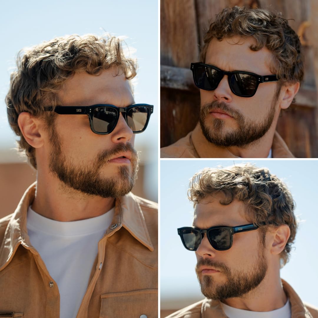 WearMe Pro WMP Eyewear – Men’s Polarized Rectangular Sunglasses: Thick Acetate Frame, Modern Style (Black/Dark Brown Lens)