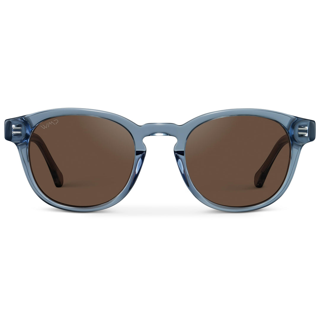WearMe Pro WMP Eyewear - Men's Retro Round Oval Polarized Sunglasses, Lightweight Acetate Frame, UV Protection, Metal Core Design (Denim Blue/Brown Lens)