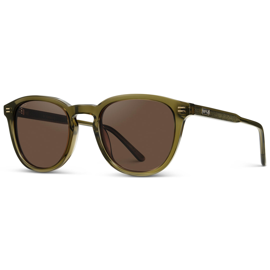 WearMe Pro WMP Eyewear - Men's Classic Round Polarized Sunglasses, Premium Slim Acetate Frame with Dashed Rivet Details (Dark Moss Green/Brown Lens)