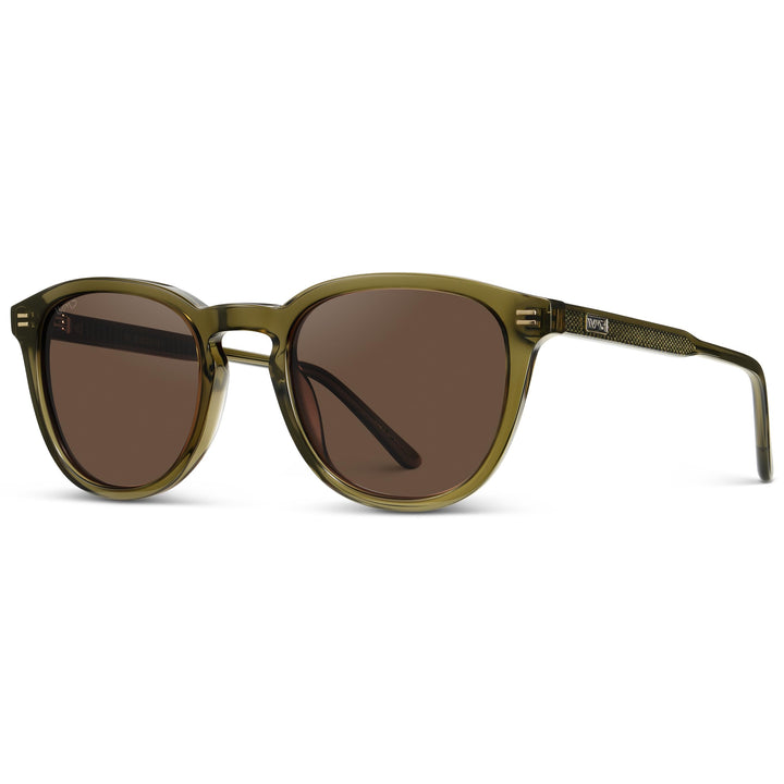 WearMe Pro WMP Eyewear - Men's Classic Round Polarized Sunglasses, Premium Slim Acetate Frame with Dashed Rivet Details (Dark Moss Green/Brown Lens)