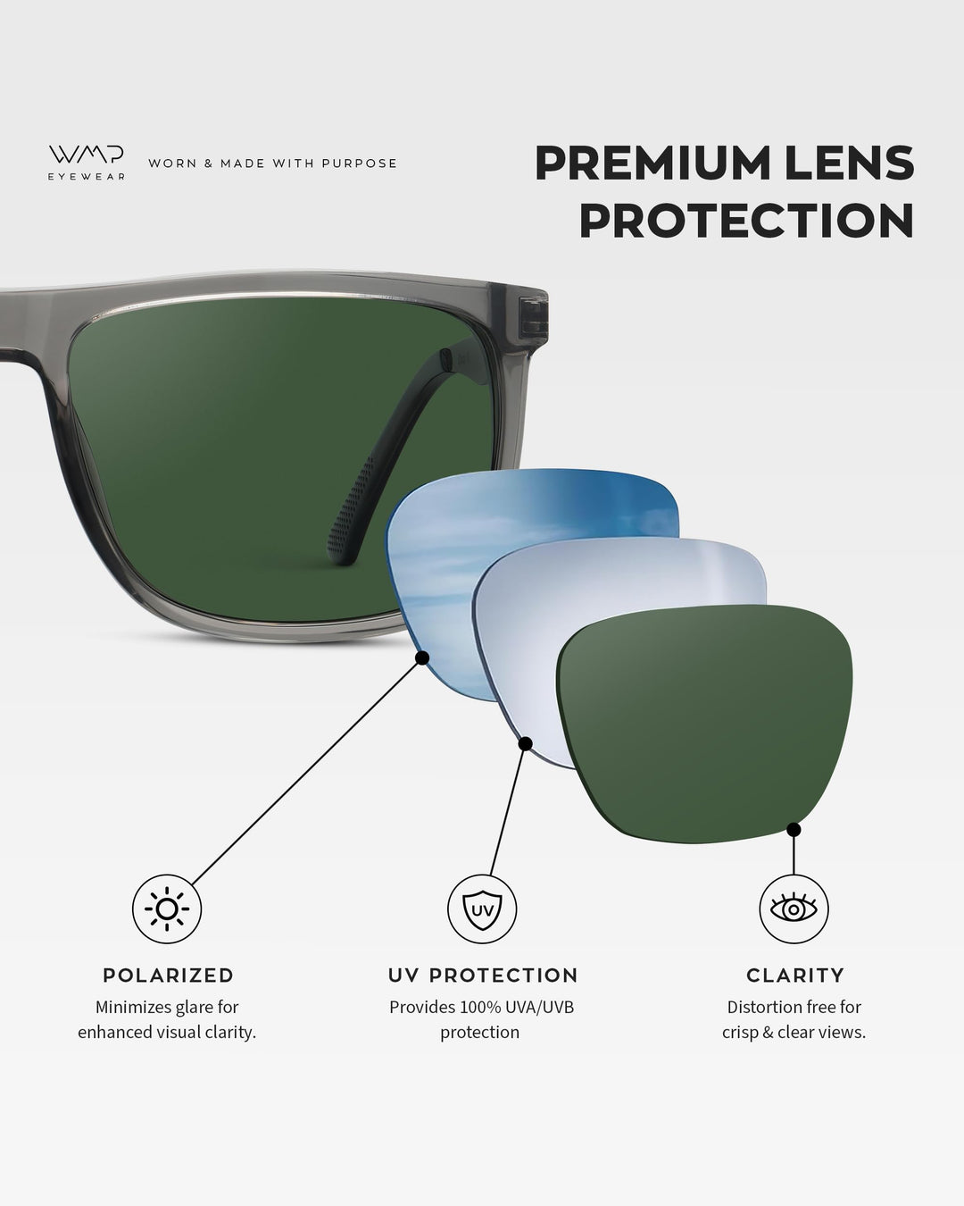 WearMe Pro Polarized Flat Top Narrow Square Mens Sunglasses (Crystal Grey/Smoke Green Lens)