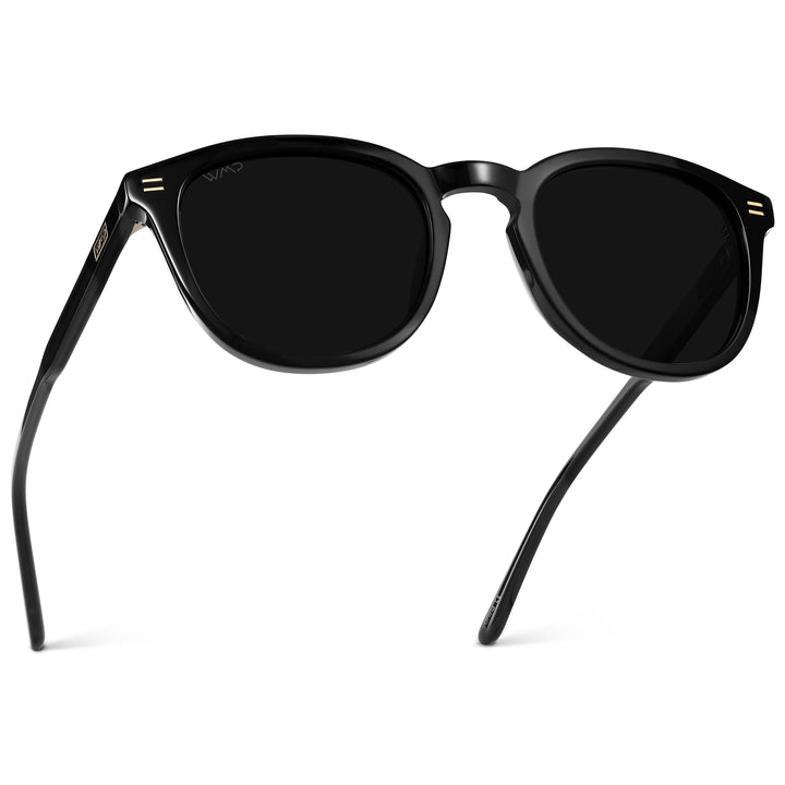 WearMe Pro WMP Eyewear - Men's Classic Round Polarized Sunglasses, Premium Slim Acetate Frame with Dashed Rivet Details (Black/Triple Black Lens)