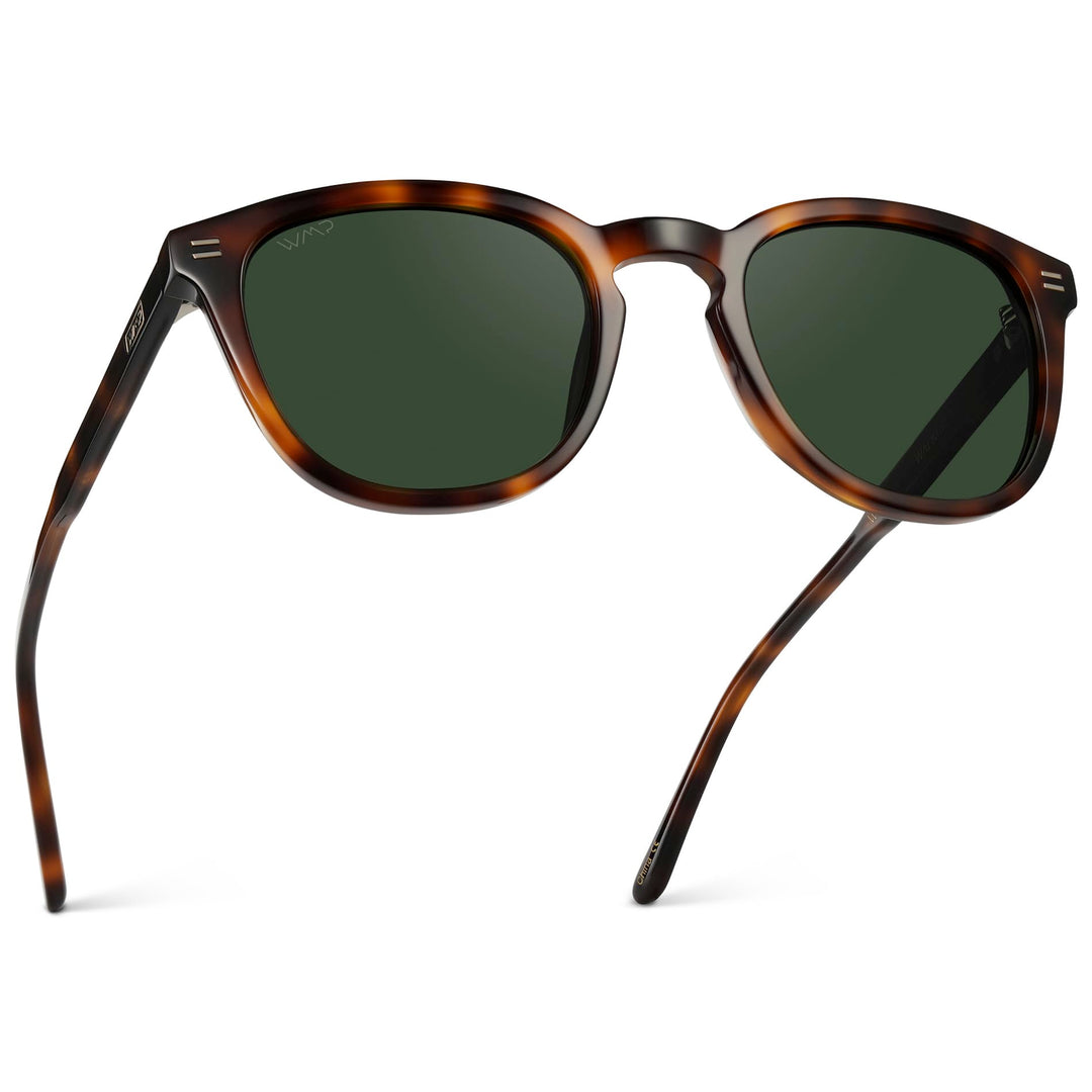 WearMe Pro WMP Eyewear - Men's Classic Round Polarized Sunglasses, Premium Slim Acetate Frame with Dashed Rivet Details (Havana Tortoise/Smoke Green Lens)