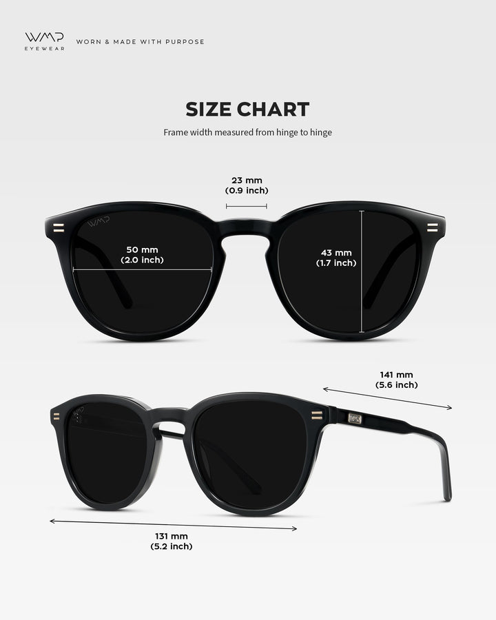 WearMe Pro WMP Eyewear - Men's Classic Round Polarized Sunglasses, Premium Slim Acetate Frame with Dashed Rivet Details (Black/Triple Black Lens)