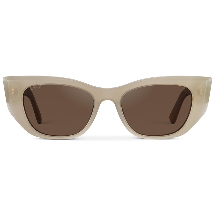 WearMe Pro - Women's Polarized Sunglasses, Cat-Eye Acetate Frame, Rectangular Lenses, Durable 5-Barrel Hinges, Hand-Polished (Pearl Beige/Brown Lens)