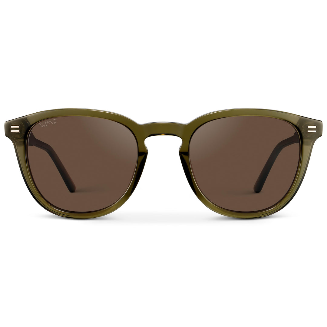 WearMe Pro WMP Eyewear - Men's Classic Round Polarized Sunglasses, Premium Slim Acetate Frame with Dashed Rivet Details (Dark Moss Green/Brown Lens)