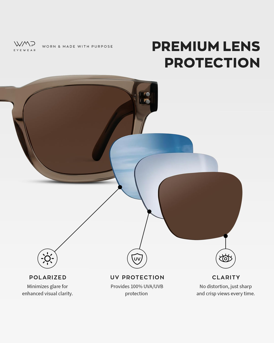 WearMe Pro WMP Eyewear – Men’s Polarized Rectangular Sunglasses: Thick Acetate Frame, Modern Style (Crystal Gunmetal/Dark Brown Lens)
