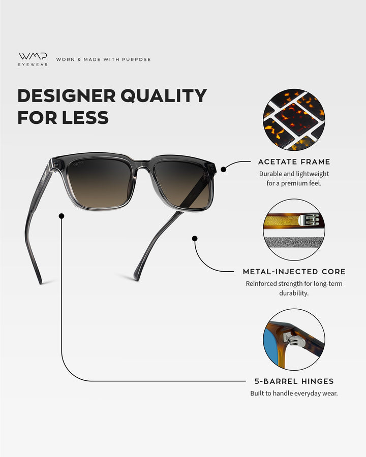 WearMe Pro WMP Eyewear - Men's Polarized Sunglasses: Bold Modern Square Design, Acetate Frame, UV Protection (Smoke Grey/Grey Brown Gradient Lens)