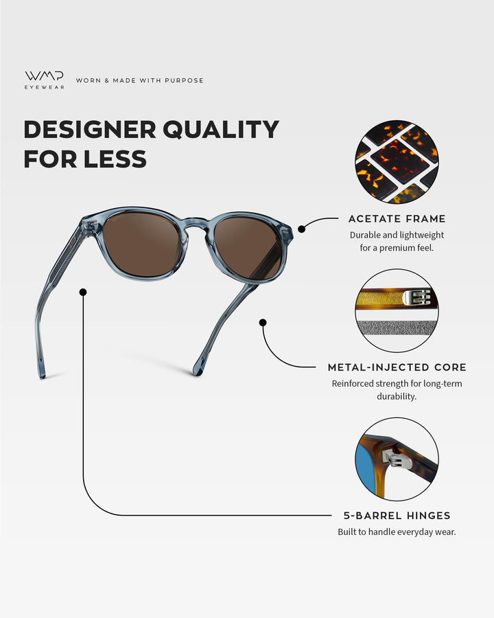 WearMe Pro WMP Eyewear - Men's Retro Round Oval Polarized Sunglasses, Lightweight Acetate Frame, UV Protection, Metal Core Design (Denim Blue/Brown Lens)