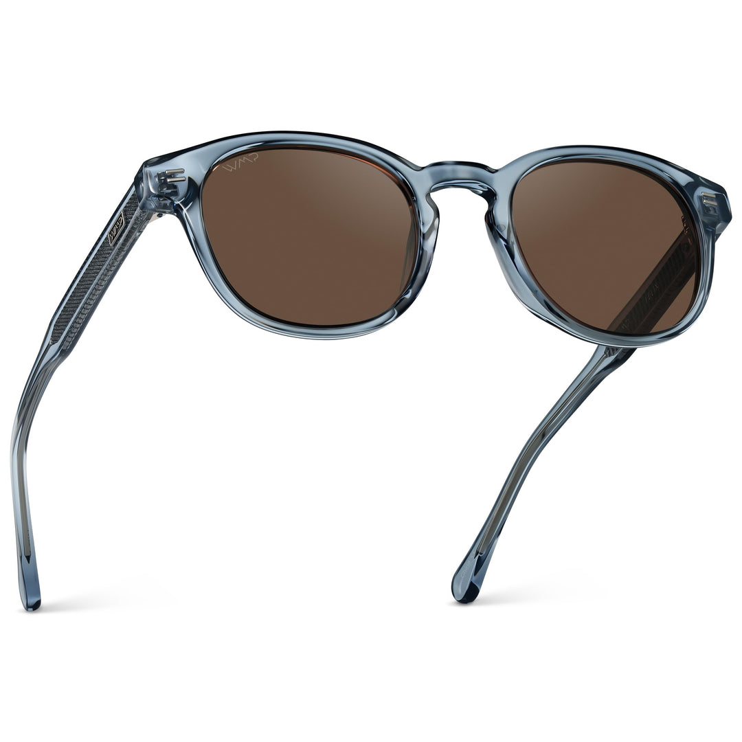 WearMe Pro WMP Eyewear - Men's Retro Round Oval Polarized Sunglasses, Lightweight Acetate Frame, UV Protection, Metal Core Design (Denim Blue/Brown Lens)