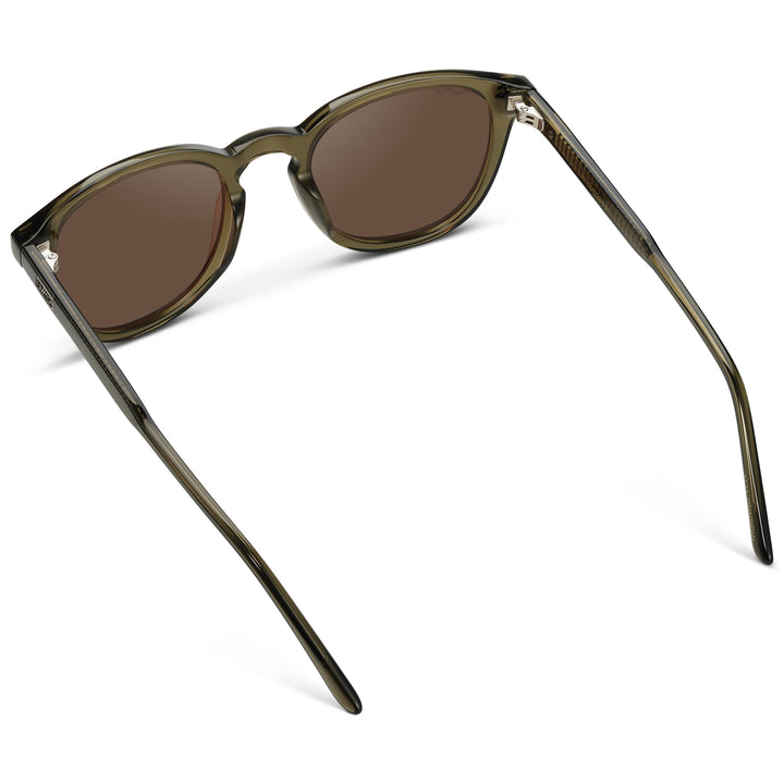 WearMe Pro WMP Eyewear - Men's Classic Round Polarized Sunglasses, Premium Slim Acetate Frame with Dashed Rivet Details (Dark Moss Green/Brown Lens)