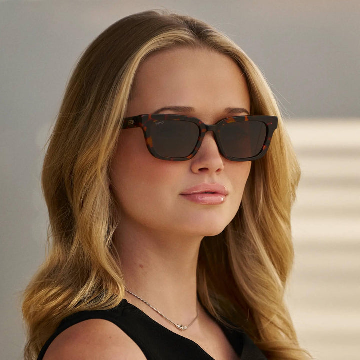 WearMe Pro - Women's Polarized Rectangular Sunglasses, Narrow Acetate Frame, Durable 5-Barrel Hinges, Hand-Polished Finish (Ember Tortoise/Dark Brown Lens)
