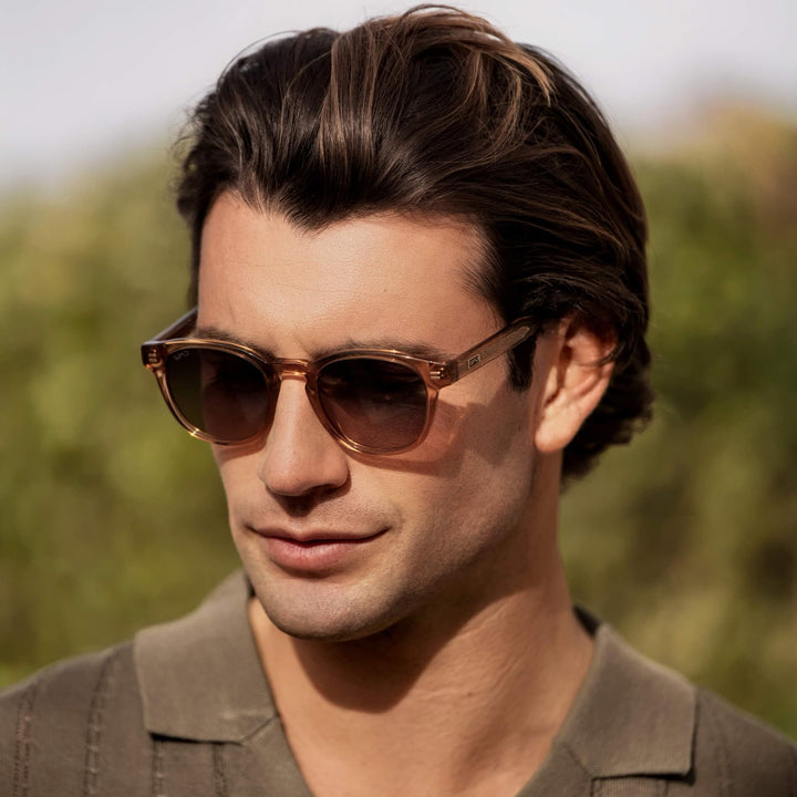 WearMe Pro WMP Eyewear - Men's Retro Round Oval Polarized Sunglasses, Lightweight Acetate Frame, UV Protection, Metal Core Design (Crystal Brown/Grey Brown Gradient Lens)
