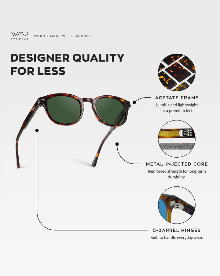 WearMe Pro WMP Eyewear - Men's Retro Round Oval Polarized Sunglasses, Lightweight Acetate Frame, UV Protection, Metal Core Design (Amber Tortoise/Smoke Green Lens)