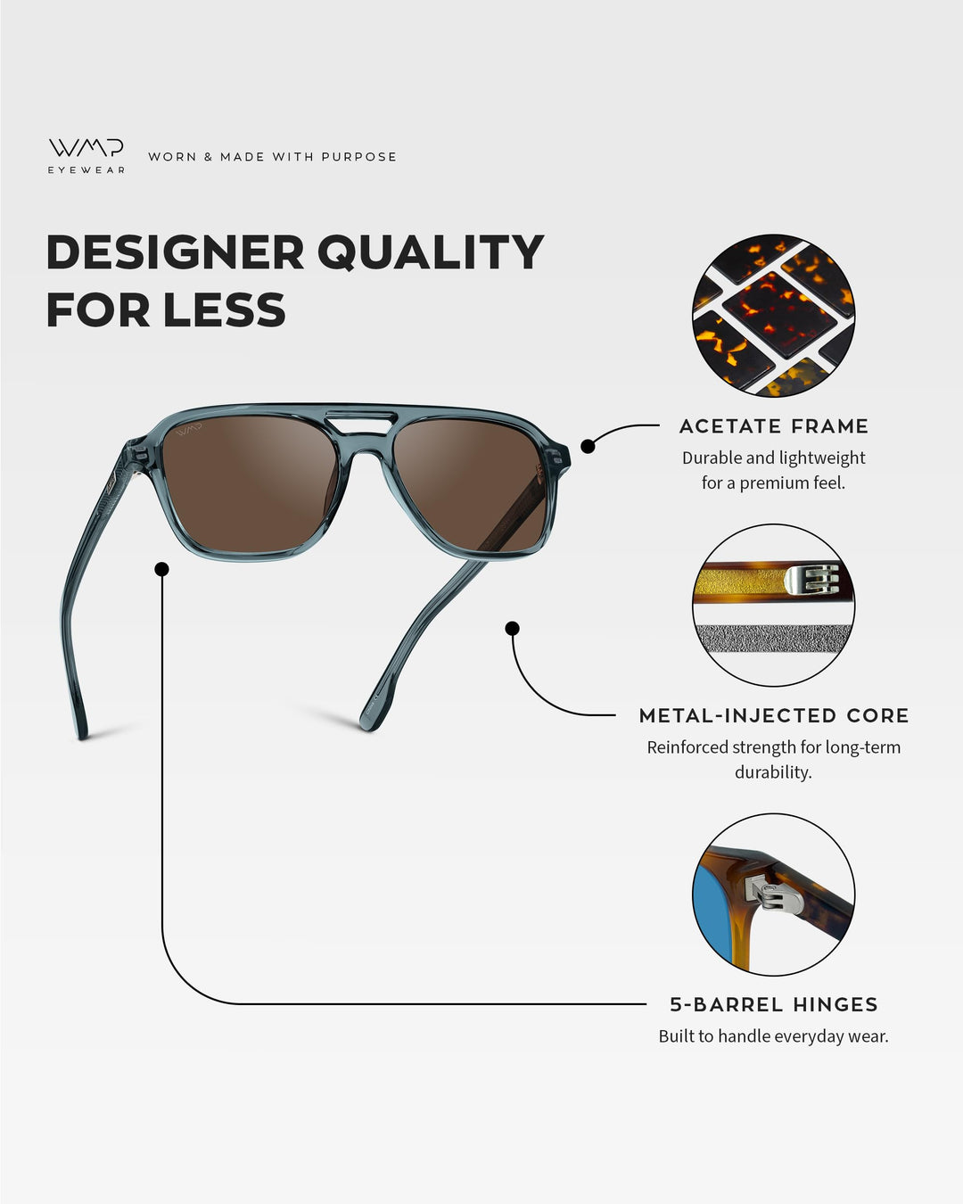 WearMe Pro WMP Eyewear – Men’s Polarized Aviator Sunglasses: Double Bridge, Modern Acetate Frame (Crystal Stone Blue/Brown Lens)