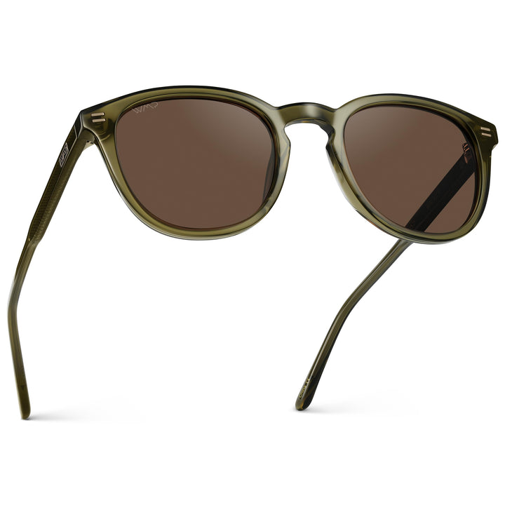 WearMe Pro WMP Eyewear - Men's Classic Round Polarized Sunglasses, Premium Slim Acetate Frame with Dashed Rivet Details (Dark Moss Green/Brown Lens)