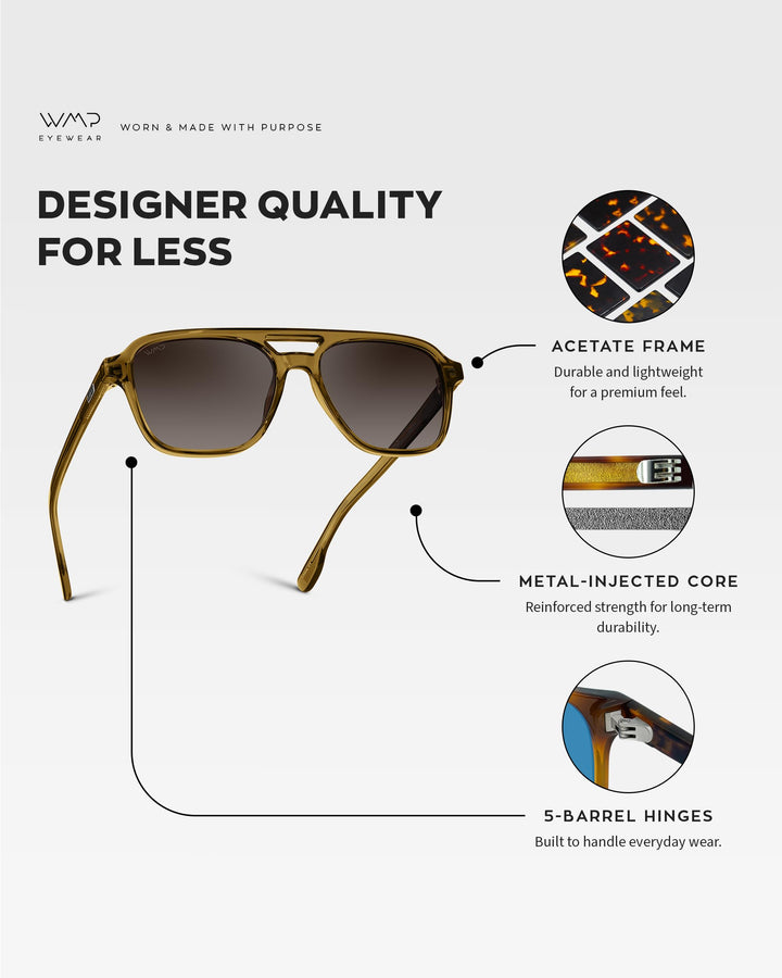 WearMe Pro WMP Eyewear – Men’s Polarized Aviator Sunglasses: Double Bridge, Modern Acetate Frame (Crystal Verde/Brown Gradient Lens)