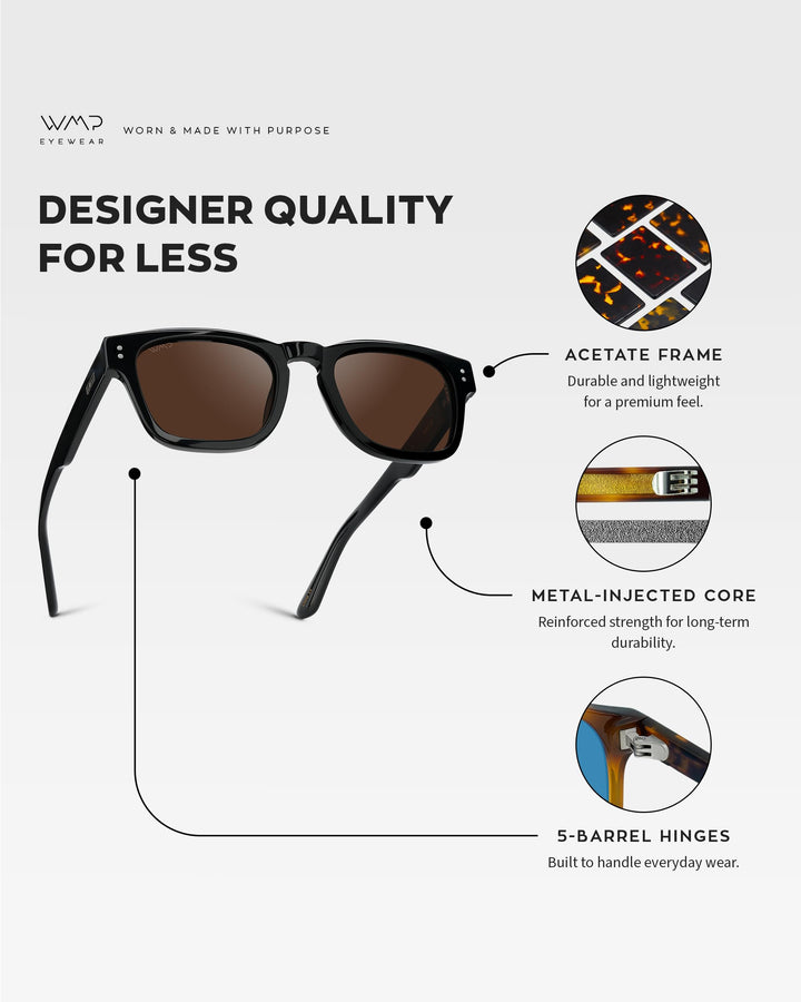 WearMe Pro WMP Eyewear – Men’s Polarized Rectangular Sunglasses: Thick Acetate Frame, Modern Style (Black/Dark Brown Lens)