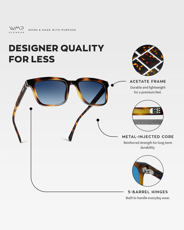 WearMe Pro WMP Eyewear - Men's Polarized Sunglasses: Bold Modern Square Design, Acetate Frame, UV Protection (Whiskey Tortoise/Blue Gradient Lens)