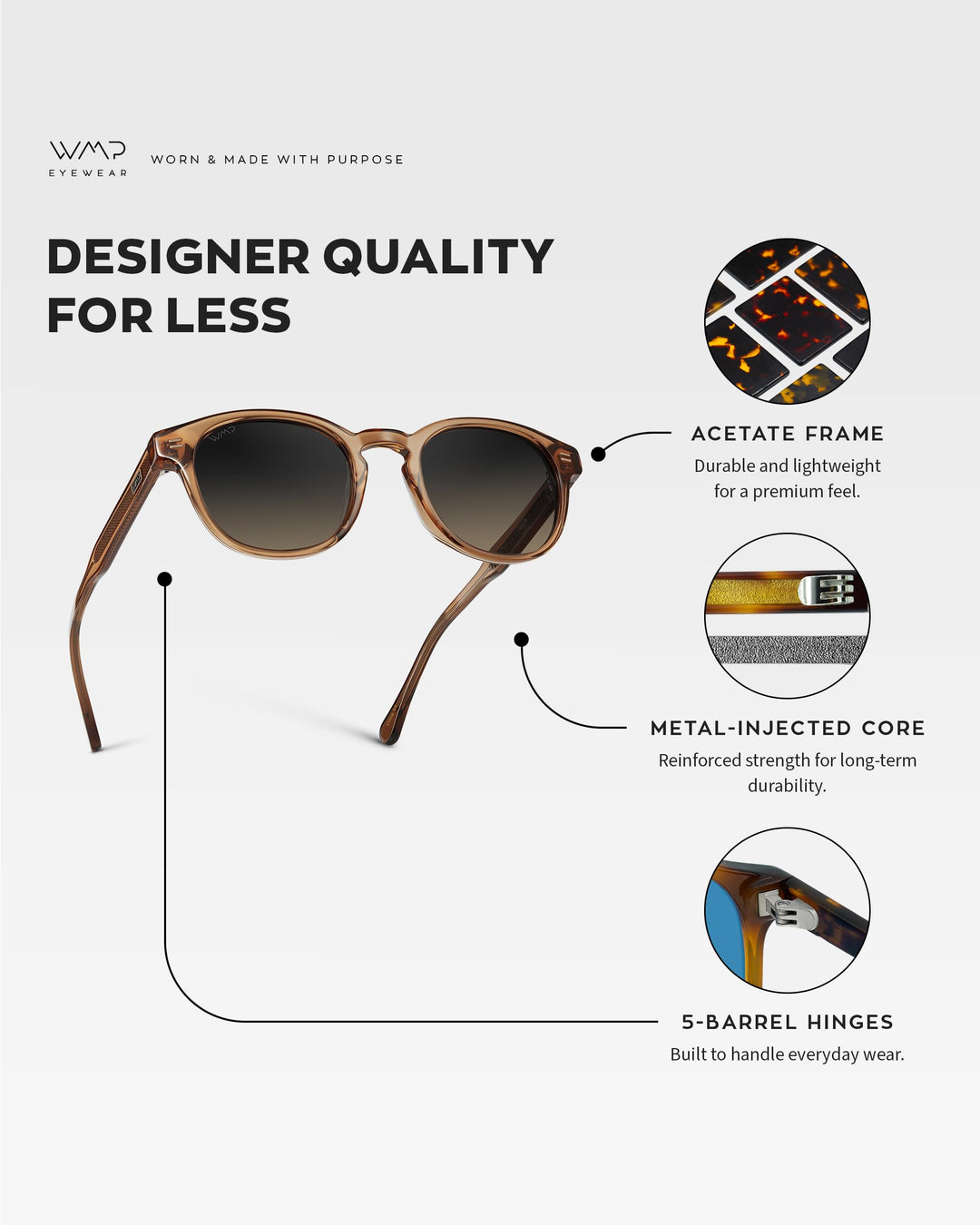 WearMe Pro WMP Eyewear - Men's Retro Round Oval Polarized Sunglasses, Lightweight Acetate Frame, UV Protection, Metal Core Design (Crystal Brown/Grey Brown Gradient Lens)