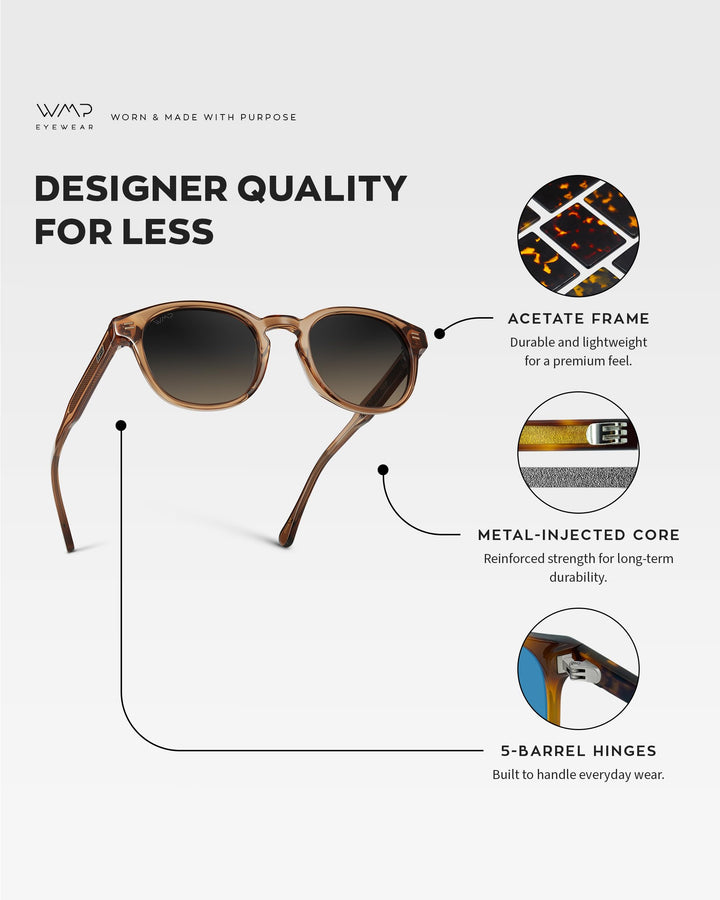 WearMe Pro WMP Eyewear - Men's Retro Round Oval Polarized Sunglasses, Lightweight Acetate Frame, UV Protection, Metal Core Design (Crystal Brown/Grey Brown Gradient Lens)