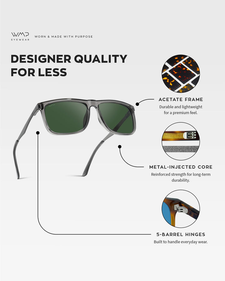WearMe Pro Polarized Flat Top Narrow Square Mens Sunglasses (Crystal Grey/Smoke Green Lens)