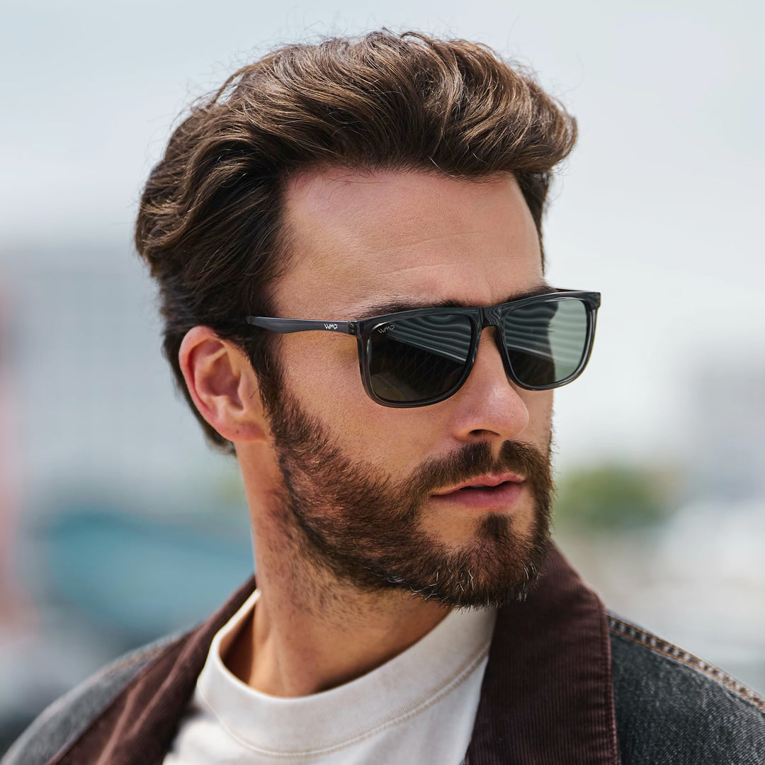 WearMe Pro Polarized Flat Top Narrow Square Mens Sunglasses (Crystal Grey/Smoke Green Lens)